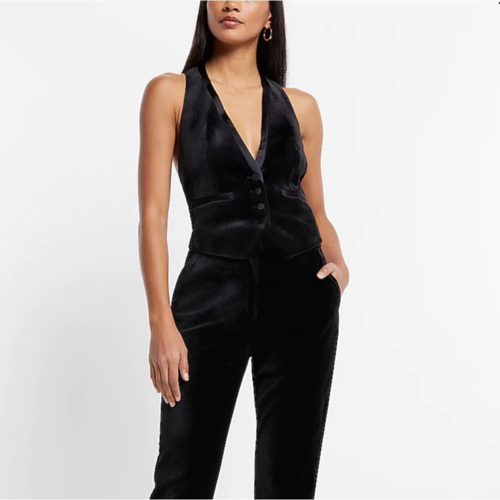 Velvet Button Front Halter Tuxedo Blazer Vest - Picture 3 of 5